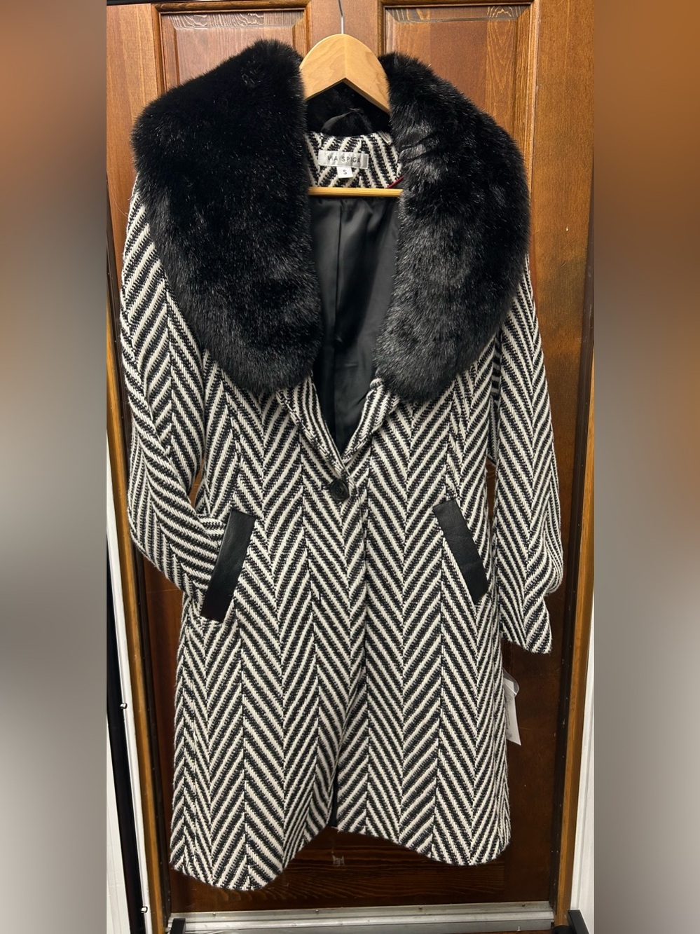 Via Spiga Black and White Herringbone Coat with Faux Fur Trim Small